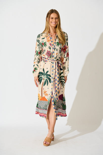 Palm Parade Midi Shirt Dress in Cream Multi Print