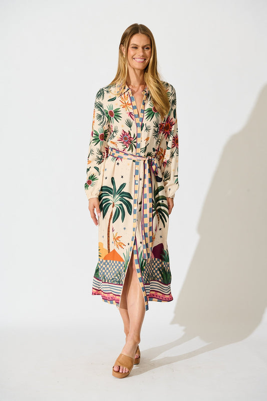 Palm Parade Midi Shirt Dress in Cream Multi Print