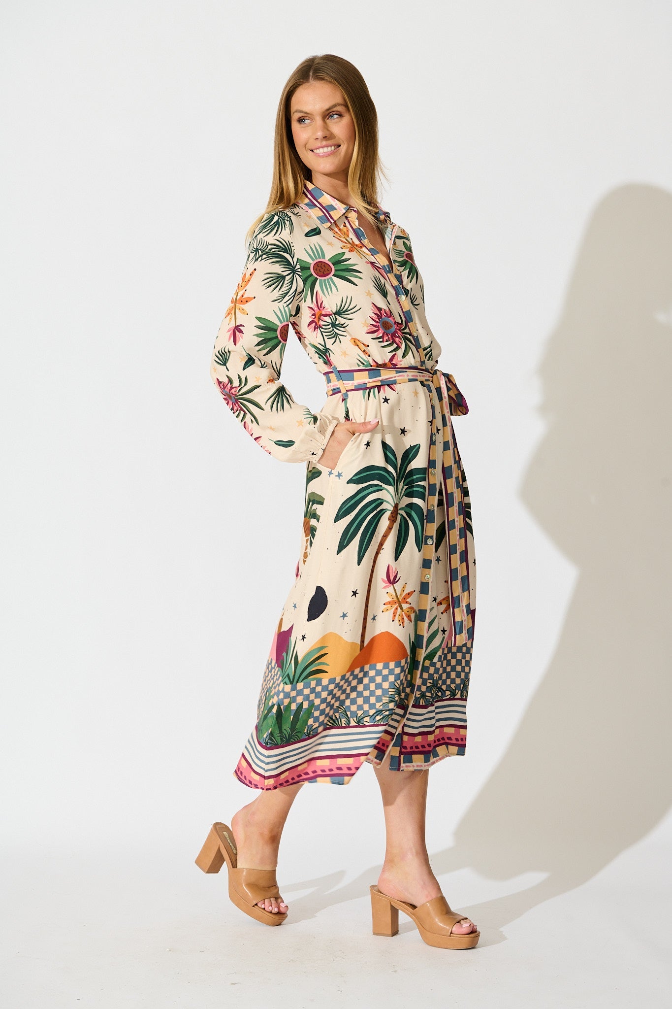 Palm Parade Midi Shirt Dress in Cream Multi Print