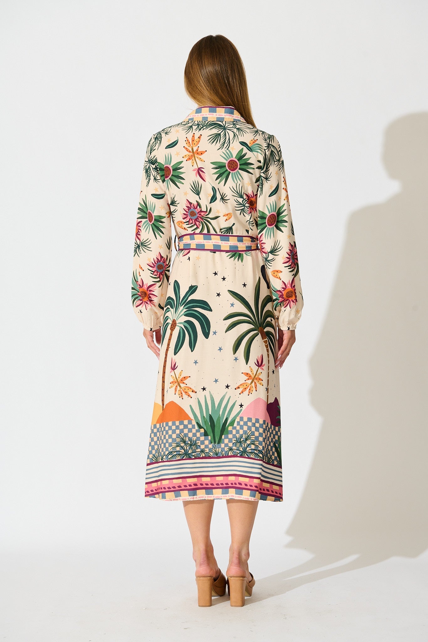 Palm Parade Midi Shirt Dress in Cream Multi Print