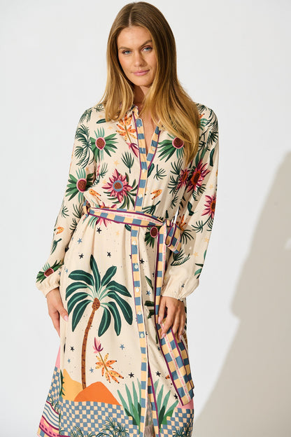 Palm Parade Midi Shirt Dress in Cream Multi Print