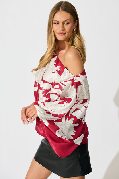 Darcy Off Shoulder Top in Red with White Floral Print Satin