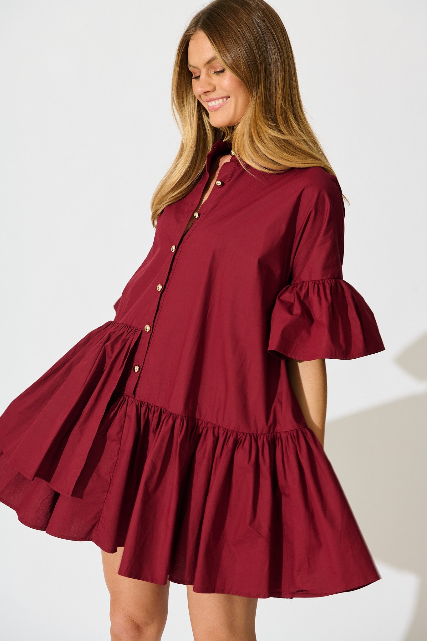 Blaire Smock Dress In Wine Cotton