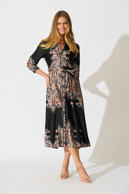 PRE ORDER Alvana Midi Shirt Dress in Black and Multi Print Satin
