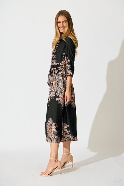 PRE ORDER Alvana Midi Shirt Dress in Black and Multi Print Satin