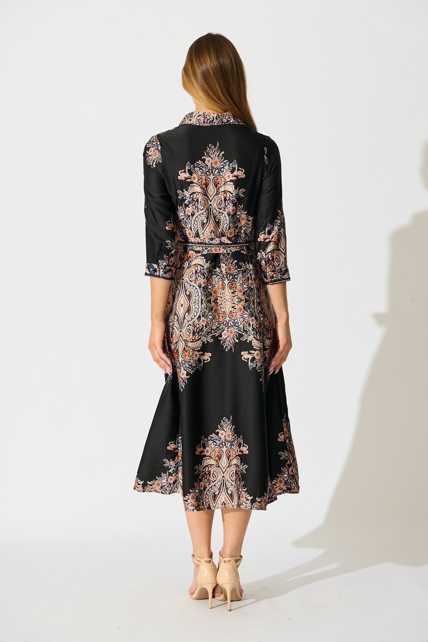 PRE ORDER Alvana Midi Shirt Dress in Black and Multi Print Satin