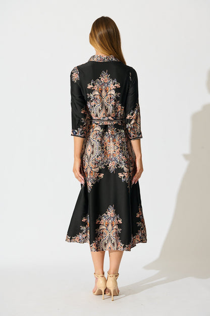 PRE ORDER Alvana Midi Shirt Dress in Black and Multi Print Satin