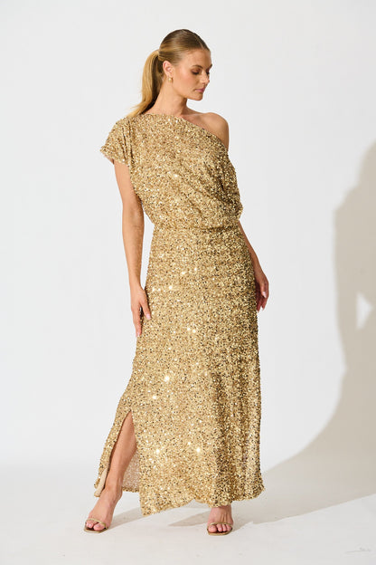 Amiri Off Shoulder Maxi Dress in Gold Sequin