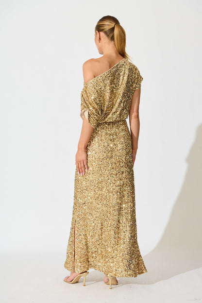 Amiri Off Shoulder Maxi Dress in Gold Sequin