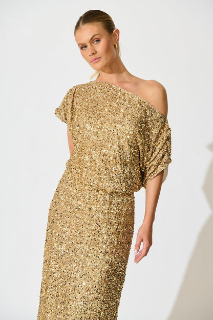 Amiri Off Shoulder Maxi Dress in Gold Sequin