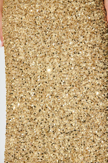 Amiri Off Shoulder Maxi Dress in Gold Sequin