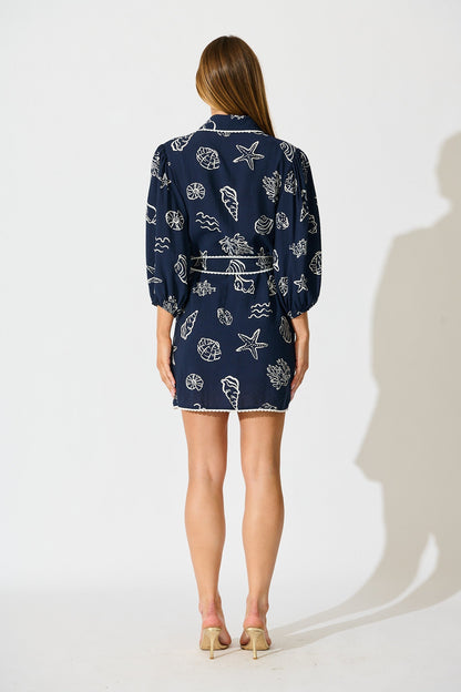 Oriella Shirt Dress in Navy with White Shell Print