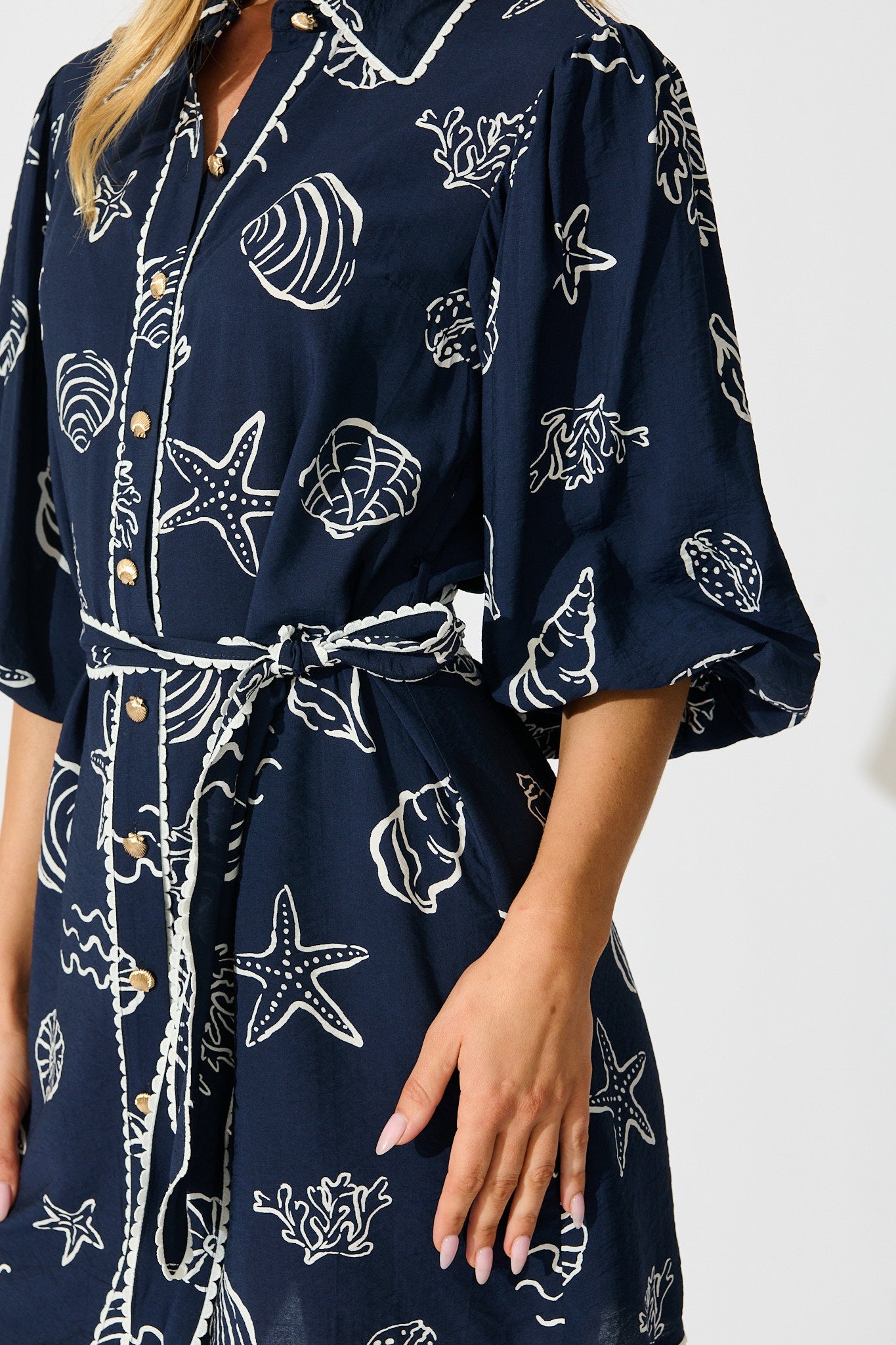 Oriella Shirt Dress in Navy with White Shell Print