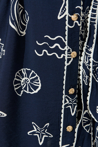 Oriella Shirt Dress in Navy with White Shell Print