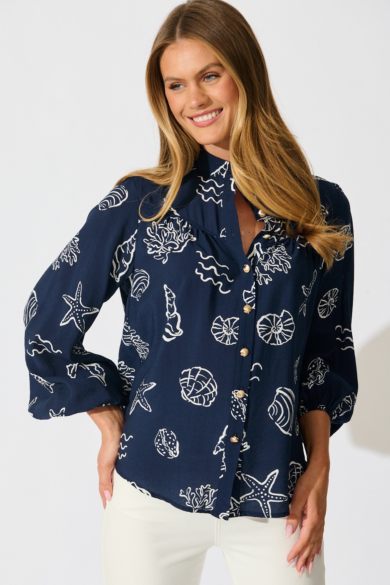 Oceans Embrace Top in Navy with White Shell Print