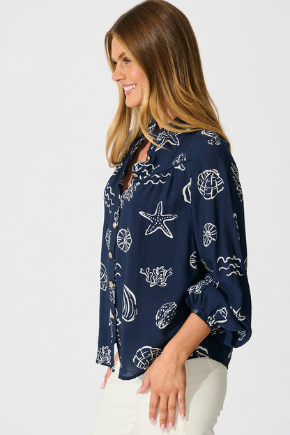 Oceans Embrace Top in Navy with White Shell Print