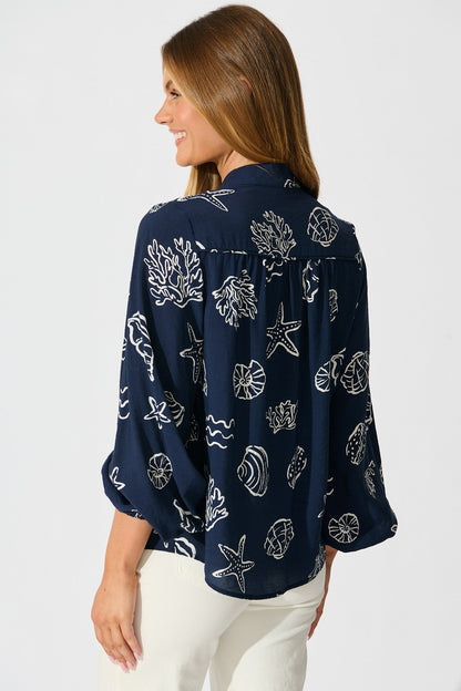Oceans Embrace Top in Navy with White Shell Print