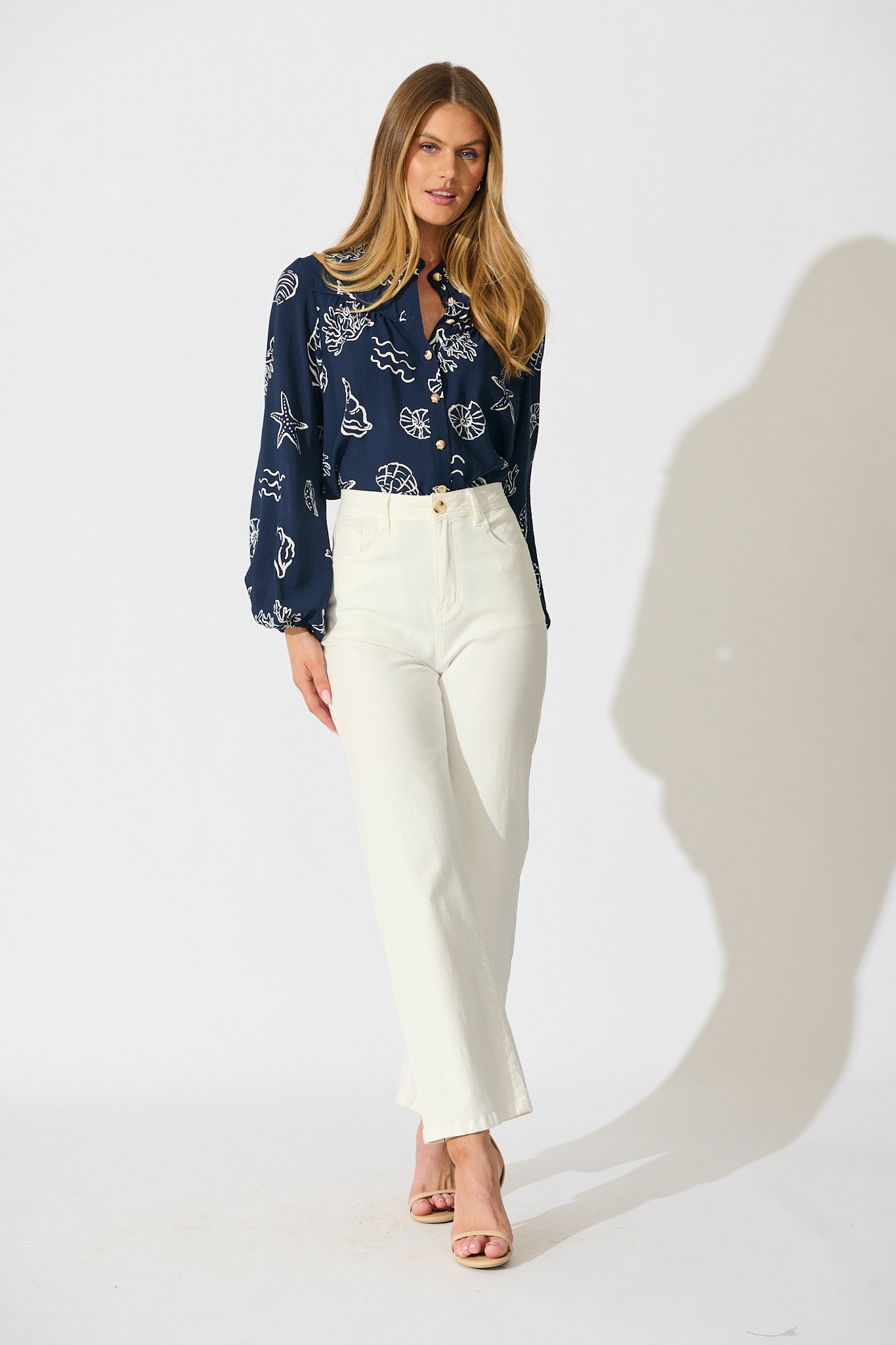 Oceans Embrace Top in Navy with White Shell Print