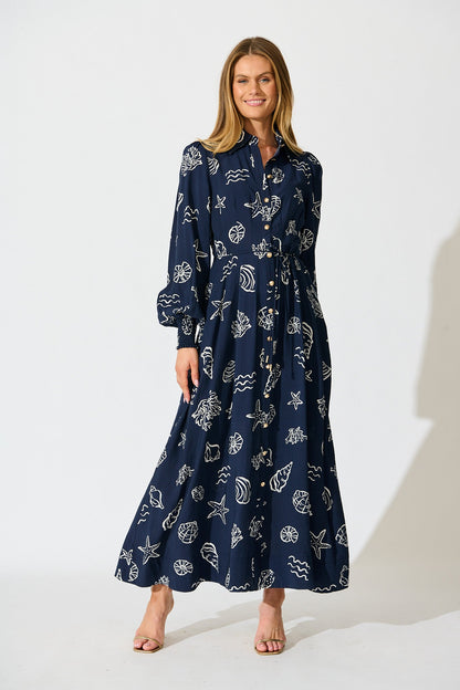 Celestial Reef Maxi Shirt Dress in Navy with White Shell Print