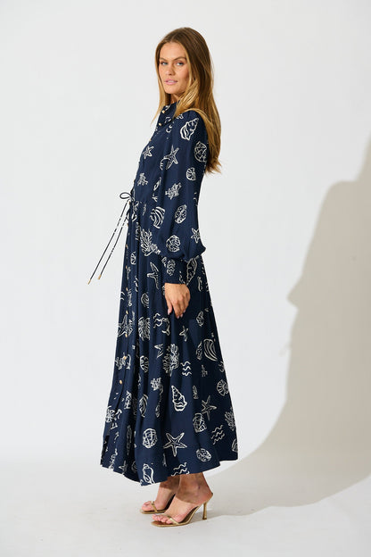 Celestial Reef Maxi Shirt Dress in Navy with White Shell Print