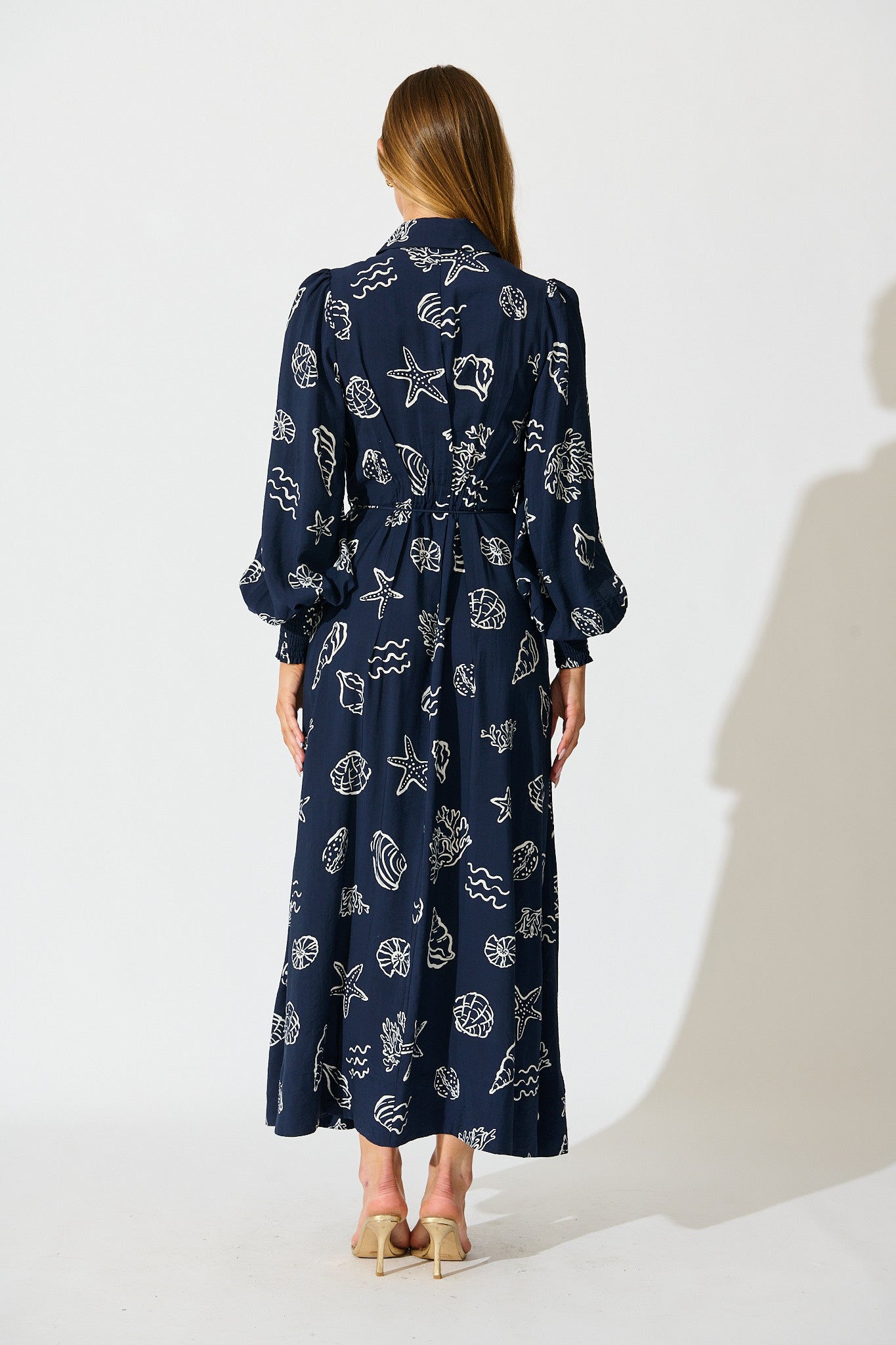 Celestial Reef Maxi Shirt Dress in Navy with White Shell Print