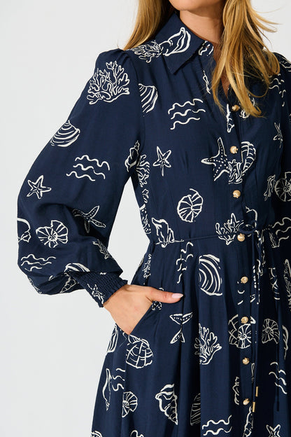 Celestial Reef Maxi Shirt Dress in Navy with White Shell Print