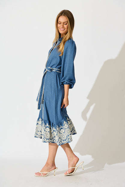 Whisper Midi Shirt Dress in Blue Chambray Embroidery