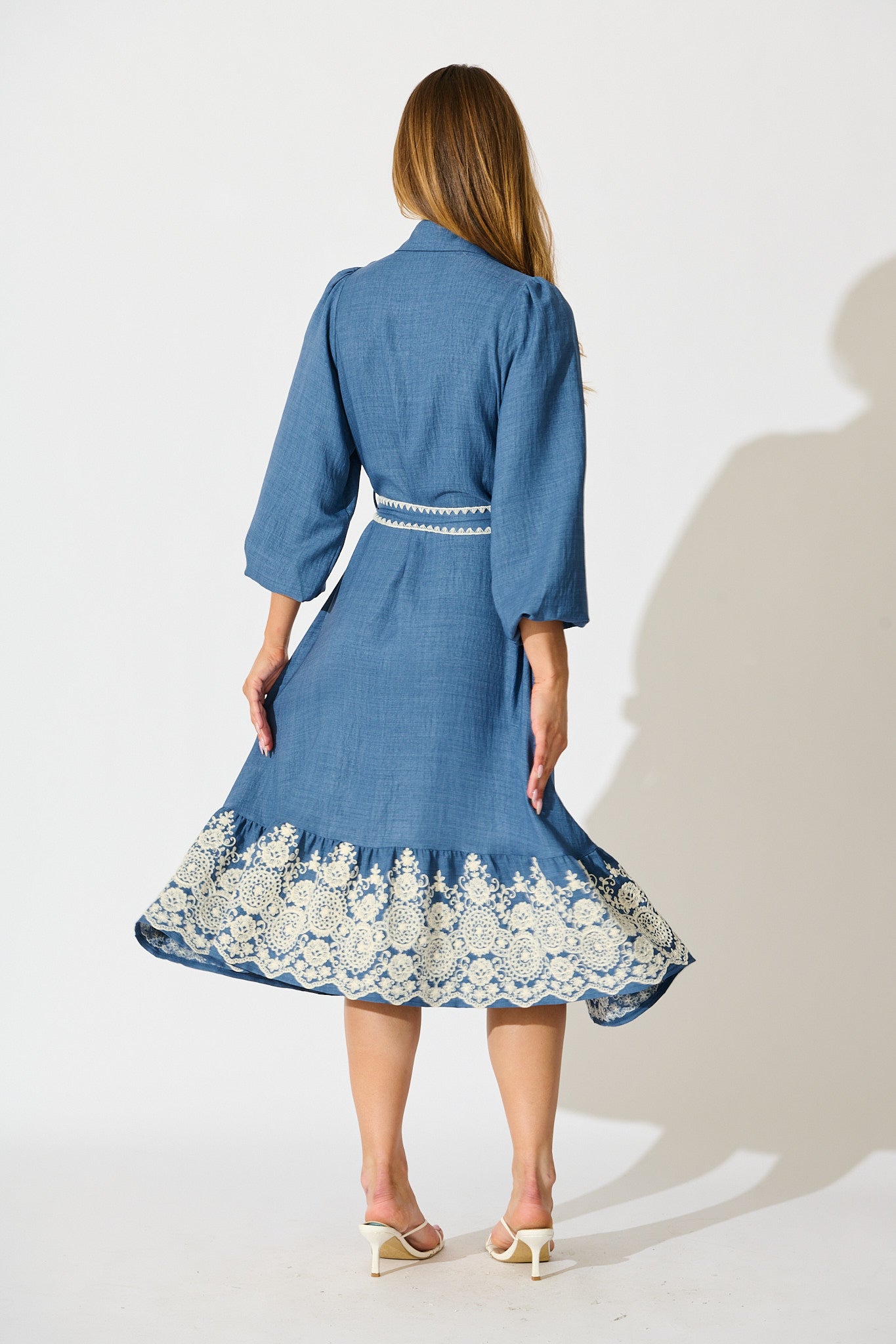 Whisper Midi Shirt Dress in Blue Chambray Embroidery
