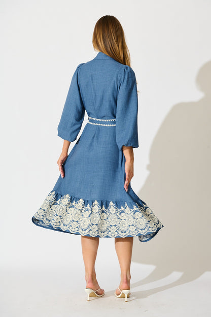 Whisper Midi Shirt Dress in Blue Chambray Embroidery
