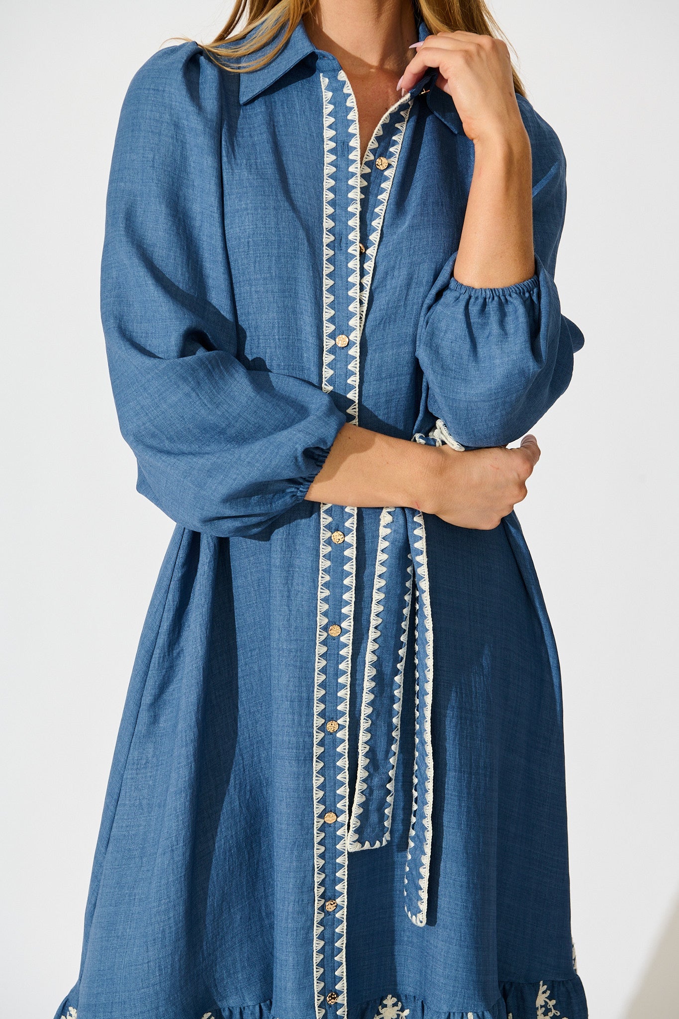 Whisper Midi Shirt Dress in Blue Chambray Embroidery