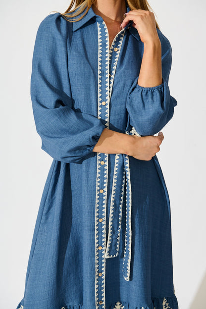 Whisper Midi Shirt Dress in Blue Chambray Embroidery