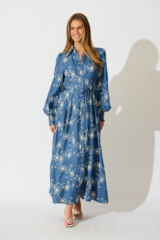 Thread and Soul Maxi Shirt Dress in Blue Chambray Embroidery