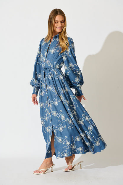 Thread and Soul Maxi Shirt Dress in Blue Chambray Embroidery