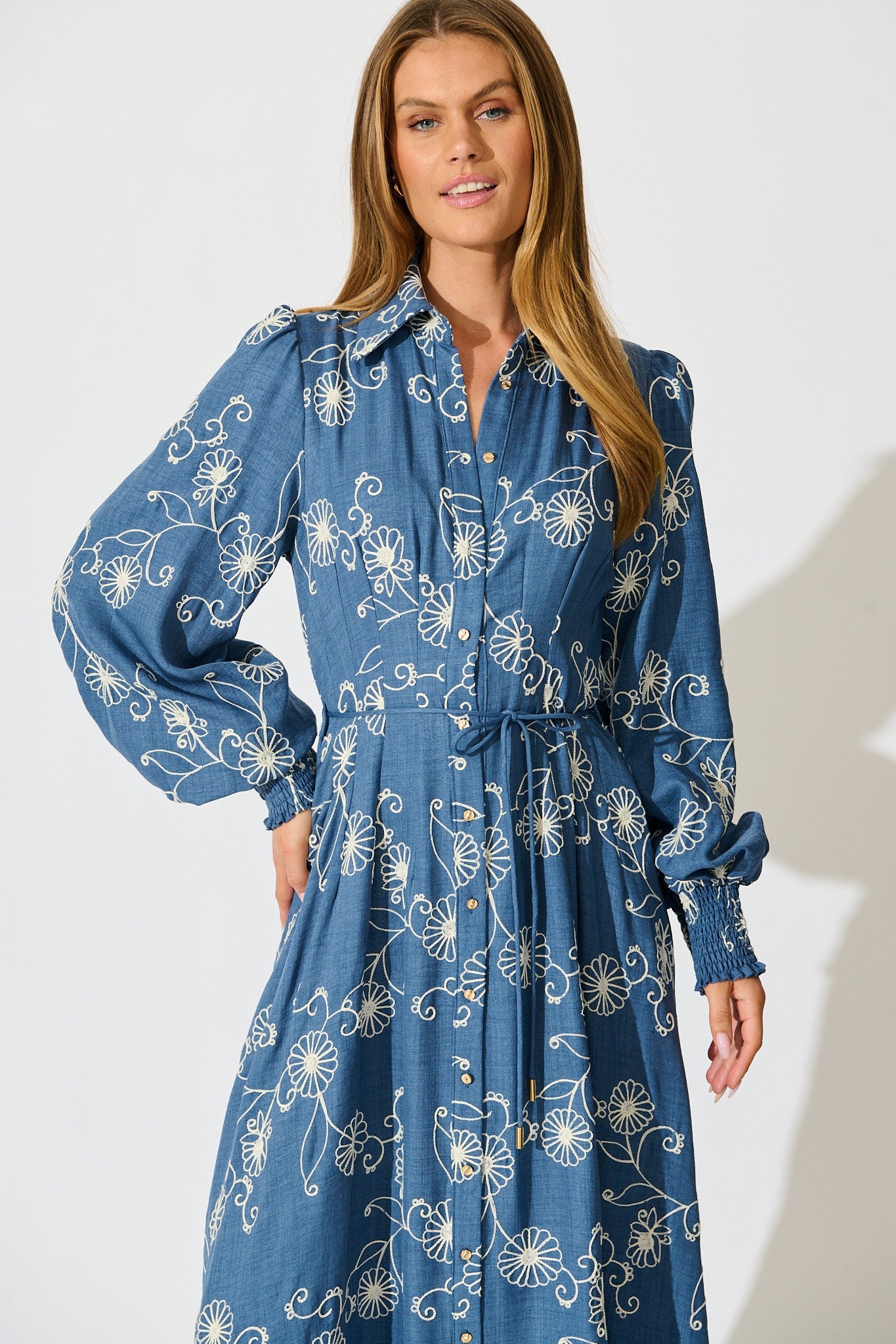 Thread and Soul Maxi Shirt Dress in Blue Chambray Embroidery