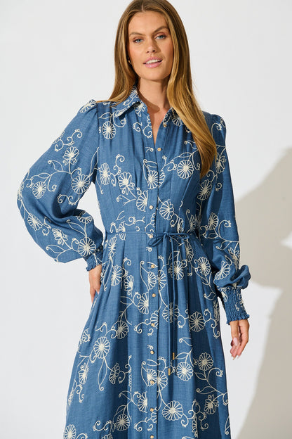Thread and Soul Maxi Shirt Dress in Blue Chambray Embroidery