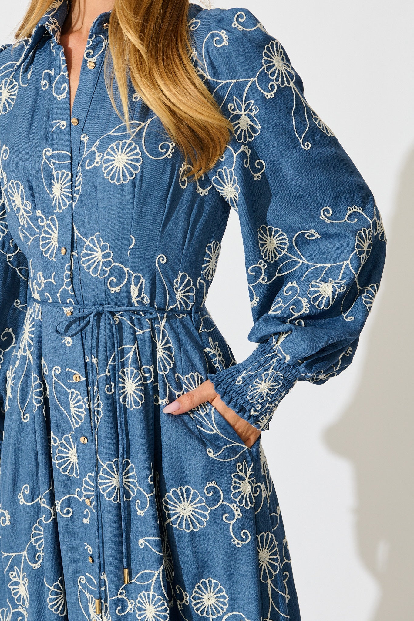Thread and Soul Maxi Shirt Dress in Blue Chambray Embroidery