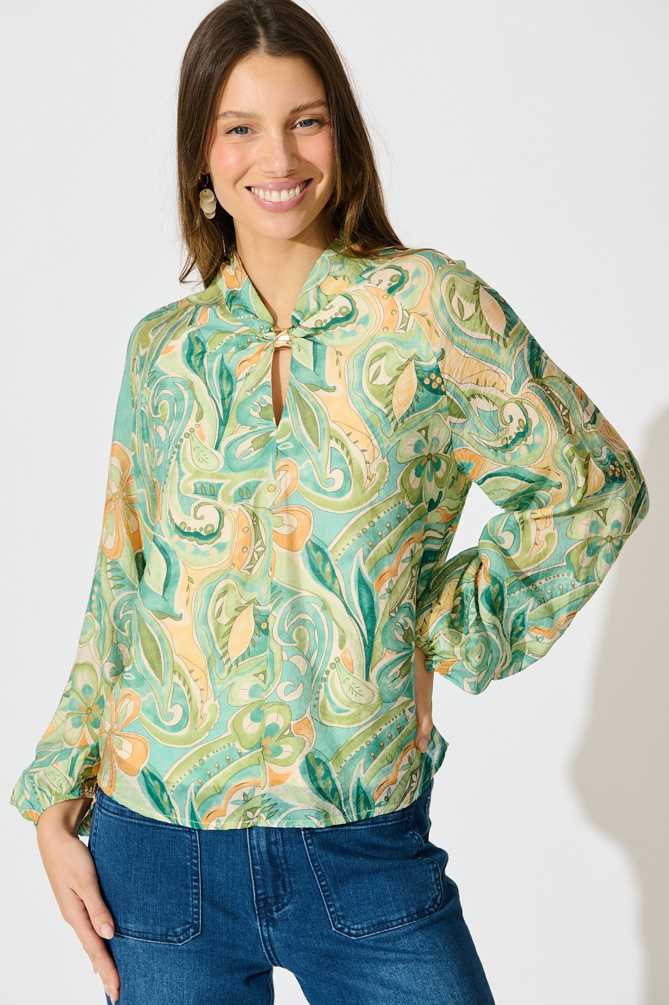 Luna Mirage Top in Multi Green Print