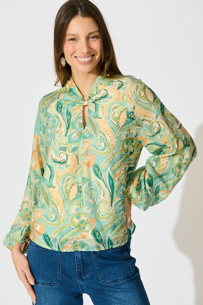 Luna Mirage Top in Multi Green Print