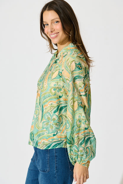 Luna Mirage Top in Multi Green Print