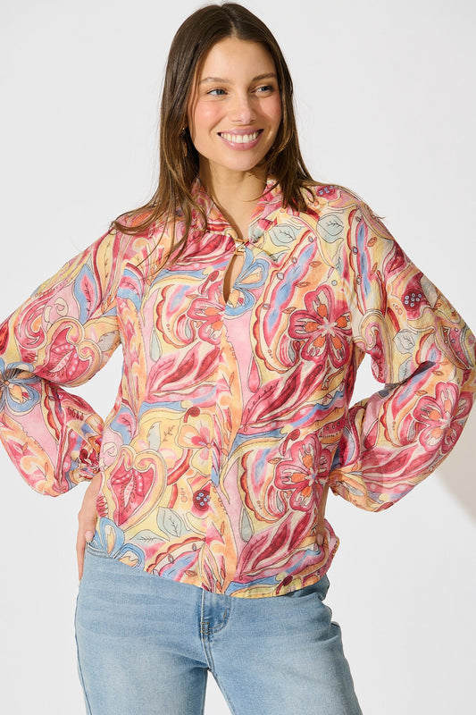 Luna Mirage Top in Multi Pink Print