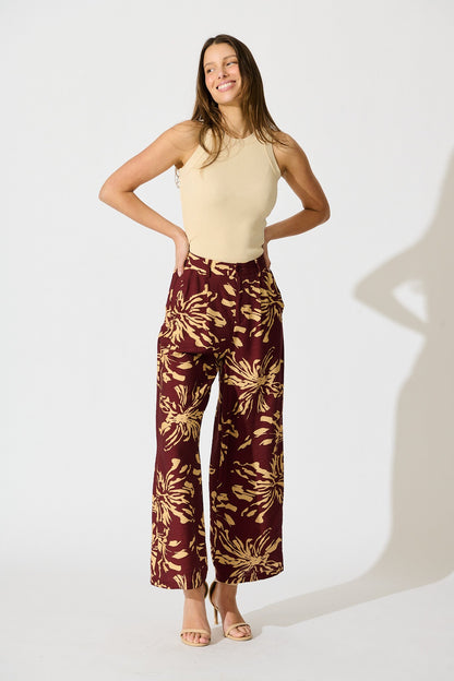 Linear Bloom Pant in Wine with Cream Print