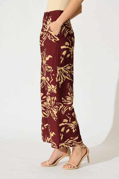Linear Bloom Pant in Wine with Cream Print