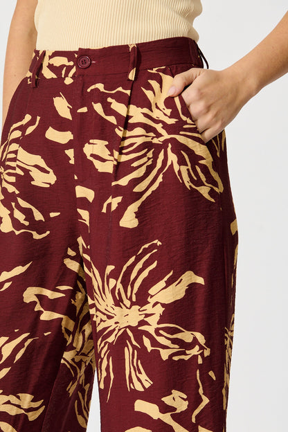 Linear Bloom Pant in Wine with Cream Print