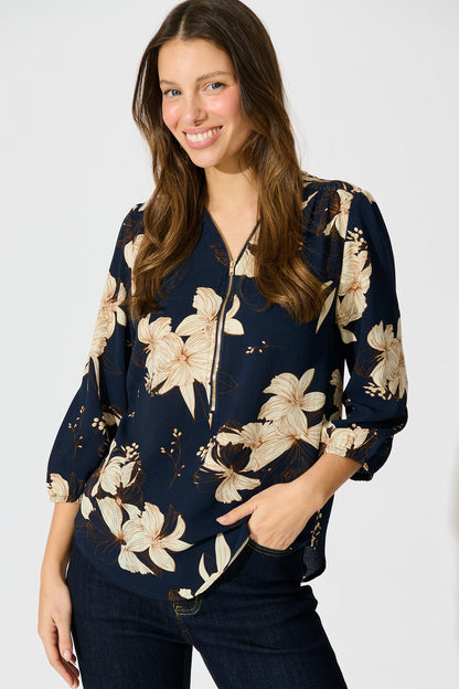 Viviani Zip Top in Navy with Cream Floral
