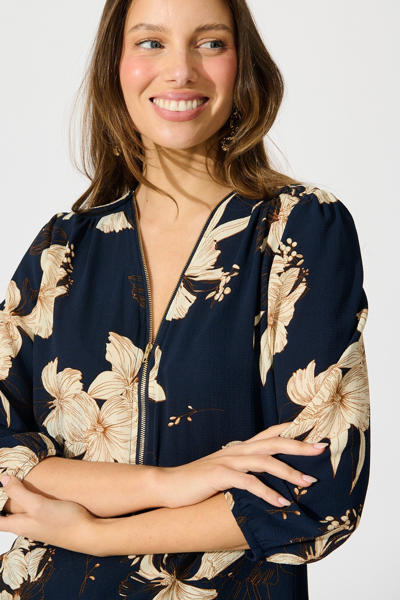 Viviani Zip Top in Navy with Cream Floral
