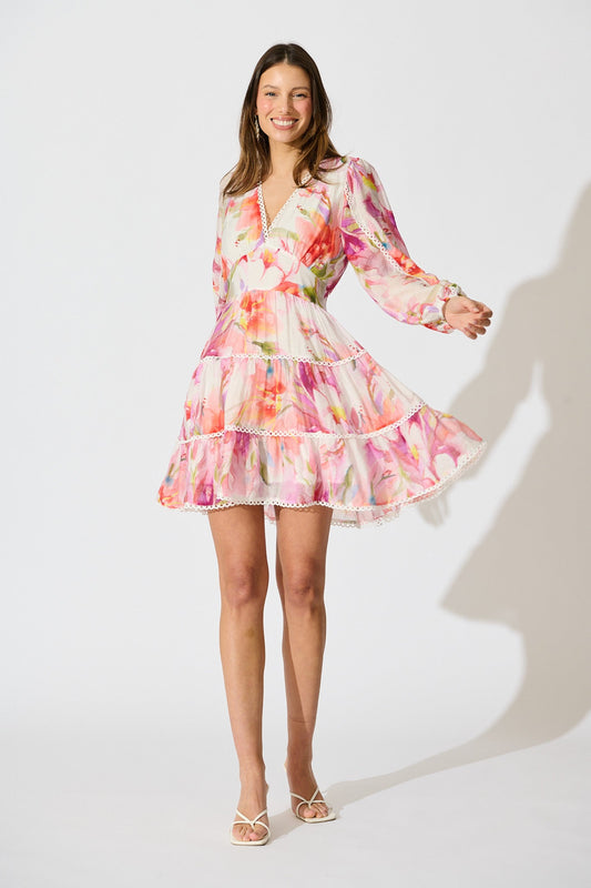 Riverstone Dress in White with Multi Floral