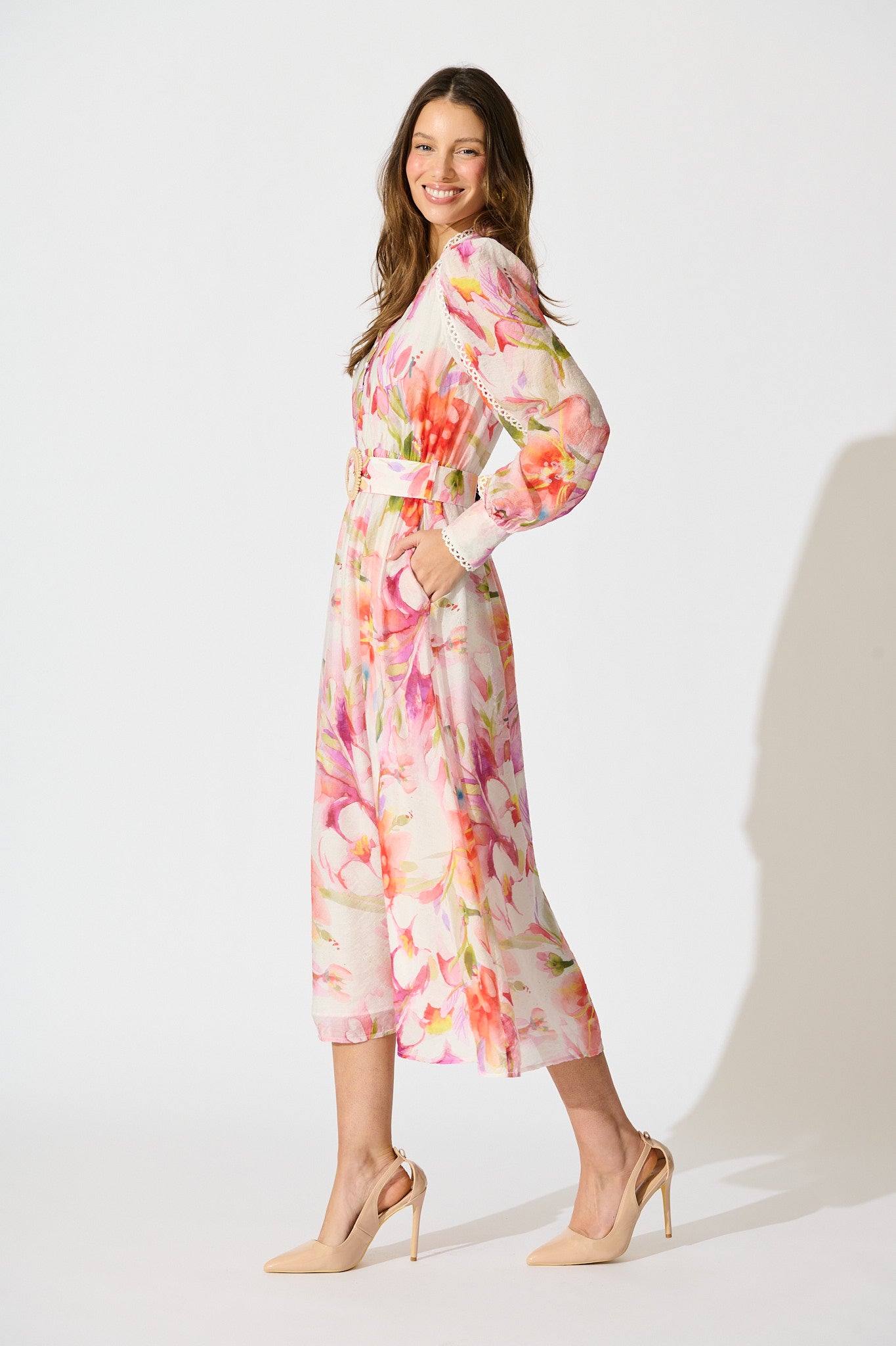 Petal Script Maxi Dress in White with Multi Floral