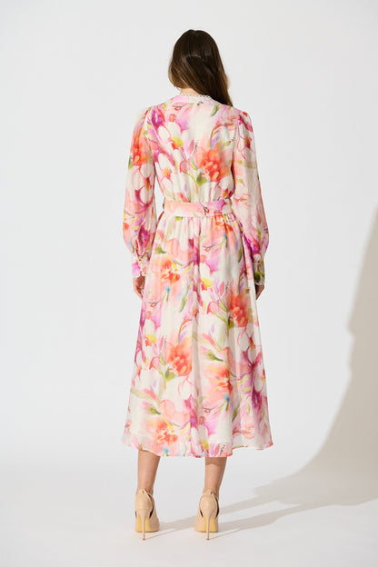 Petal Script Maxi Dress in White with Multi Floral