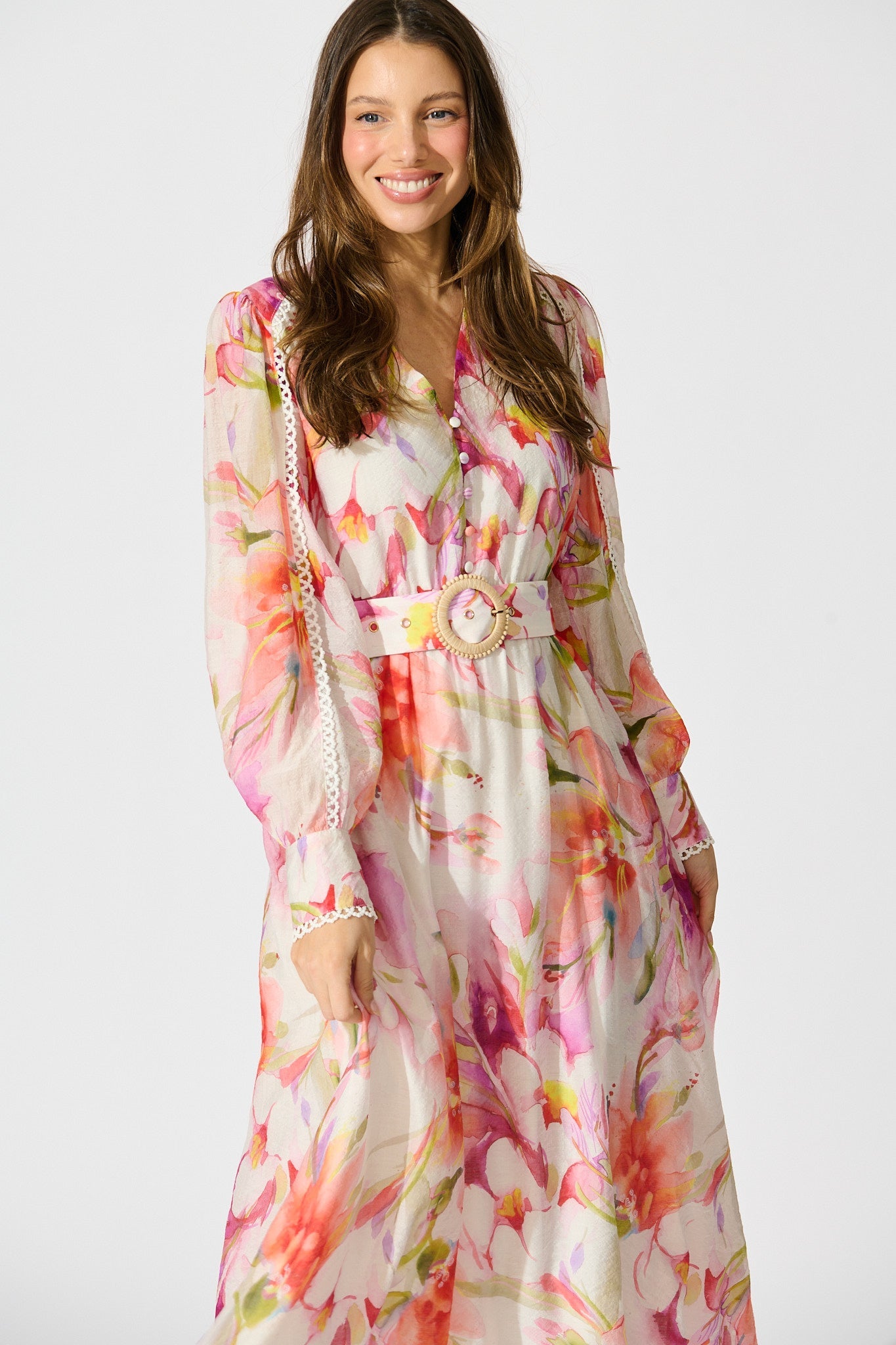 Petal Script Maxi Dress in White with Multi Floral