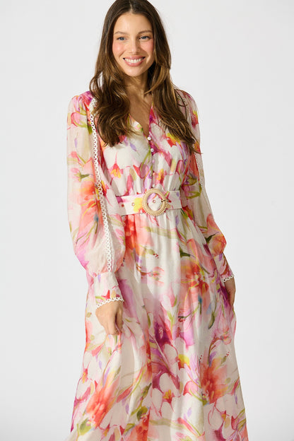 Petal Script Maxi Dress in White with Multi Floral